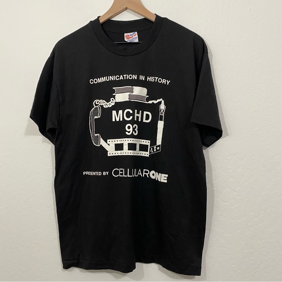 Hanes Heavyweight 50/50 Vintage Black White Print Communication History T Shirt - Picture 1 of 5